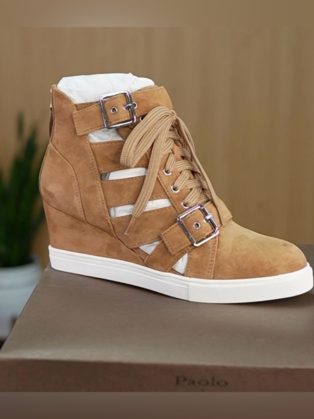 Linea Paolo Tan Suede Wedge Sneaker with Buckles and Lace-Up Size 10 NEW